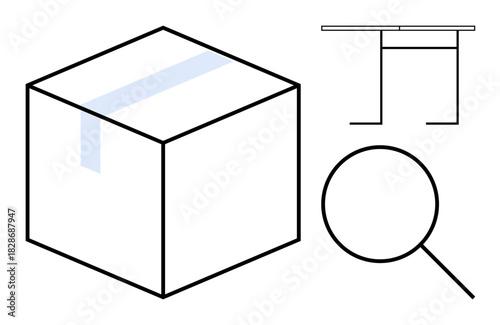 Cube with diagonal stripe, magnifying glass and table outline representing analysis, exploration, data, transparency, minimalism, geometric design, abstract concepts. Ideal for simplicity analysis