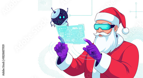 Modern Santa Claus with futuristic glasses interacts with digital data alongside robot