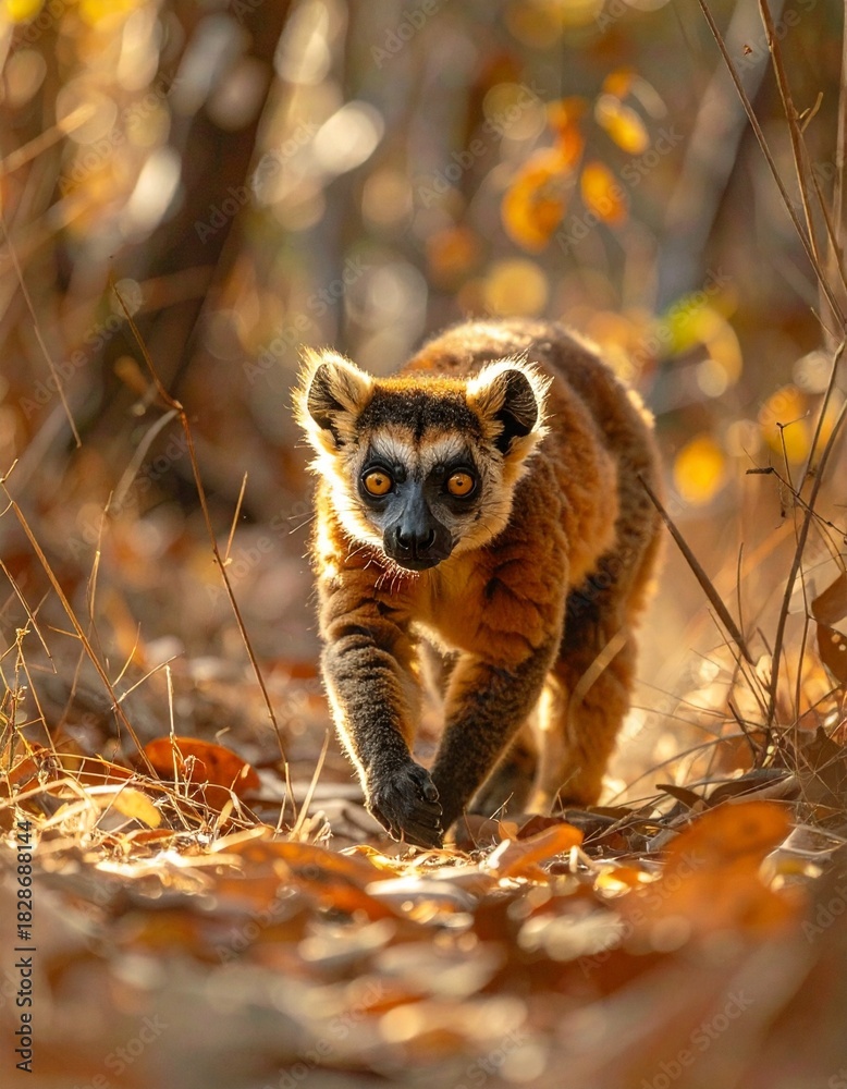 Fototapeta premium Wild brown lemur walking on a sunlit forest floor covered in leaves