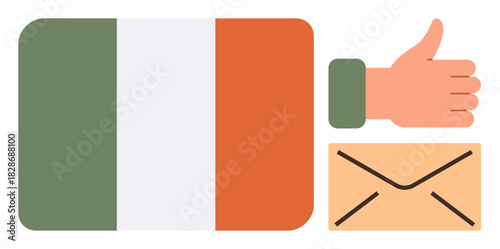 Irish tricolor flag, thumbs-up symbol of approval, and envelope signifying correspondence. Ideal for patriotism, communication, positivity, email, approval messaging community. Simple flat metaphor