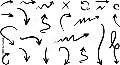 Dynamic collection of hand-drawn black arrow vectors, providing versatile directional indicators and artistic graphic elements for modern design projects