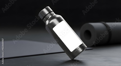Sleek Stainless Steel Water Bottle Mockup with Blank Label on Dark Fitness Background
