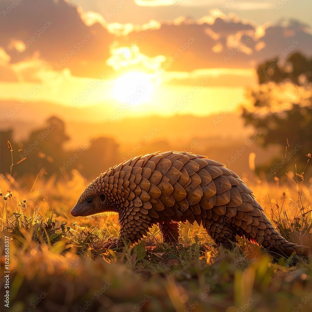 Obraz premium Pangolin Walking in Golden Light at Sunset