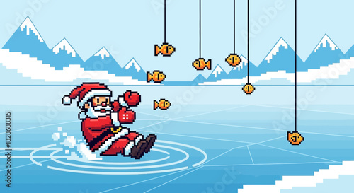 Pixelated Santa's slippery fishing expedition on a frozen pixel lake adventure