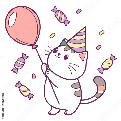Whimsical American Shorthair feeling Sleepy in a Birthday setting with with a balloon – colored in Candy Shop