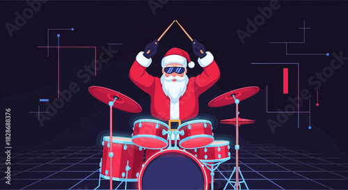Retro Santa Claus playing drums with neon lights in a modern digital christmas illustration
