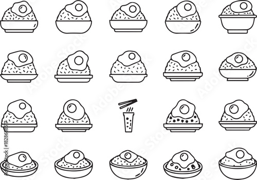 Seamless pattern of fried rice with egg in bowls and plates