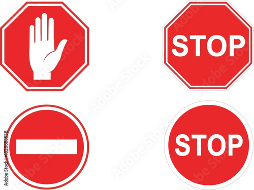 Collection of Road Sign Vectors Featuring Stop Signs, No Entry Sign, and Hand Signals for Safety and Traffic Control