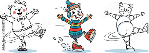 Cute cartoon bear ice skating in colorful winter outfit performing playful skating pose in fun children’s illustration artwork
