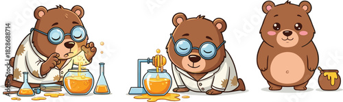 Cute cartoon bear scientist experimenting with honey in lab with flasks plus adorable standing bear with honey pot illustration