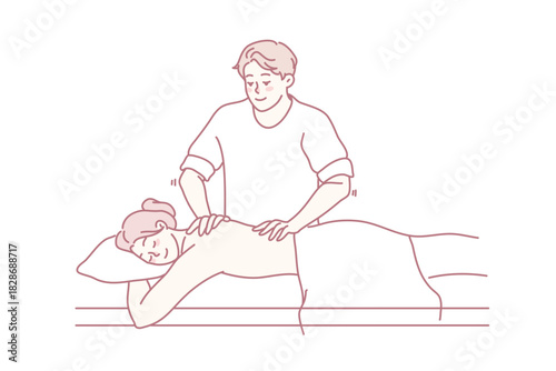 Male physician make back massage to female client in spa or salon. Masseur help woman patient with backache, relive muscle pain. Healthcare and wellness. Vector illustration.