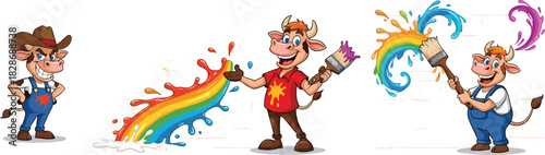 Cute cartoon cows painting bright rainbow splashes with large brushes in creative colorful art scene for illustrations