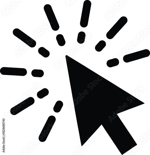 Black computer mouse cursor icon with radiating lines indicating an action or click, isolated on a white background, symbolizing interaction and selection in digital interfaces