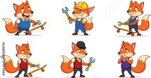 Cute cartoon fox characters with tools and skateboards in various outfits posing as mechanic worker and playful handyman