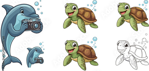 Cute cartoon dolphin photographing happy sea turtles with bubbles in playful underwater scene, adorable marine wildlife illustration set