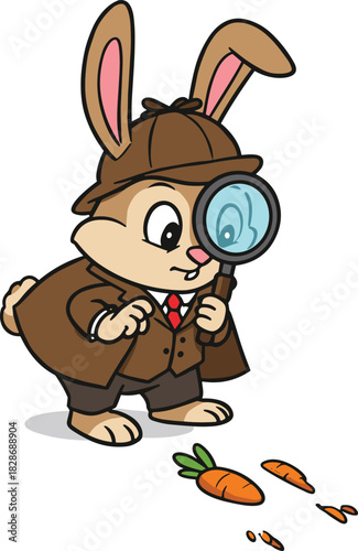 Cute detective bunny inspecting carrot trail with magnifying glass in cartoon style, adorable rabbit investigator searching clues