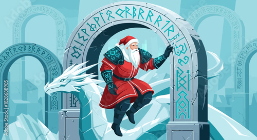 Santa Claus in a fantastical winter scene with a dragon and ancient rune-covered arches