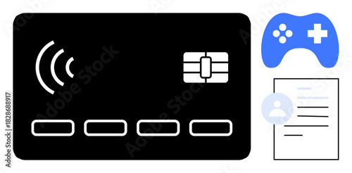 Contactless card with wireless signal, gaming controller, user profile document. Ideal for finance, gaming, digital identity, technology, online payments personal data modern connectivity. Simple