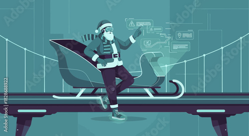 Santa Claus integrating technology with sleigh for a futuristic festive season delivery system