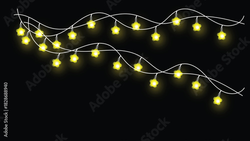 Set of String Lights Warm Lamps Garlands holiday garland with glowing light Sun; Stars and Little Bulbs Festive Decorations on Black Background Vector