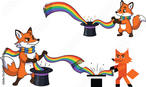 Cute fox magician pulling rainbow scarf, magic hat trick fox, colorful cartoon illusion, whimsical animal magic illustration