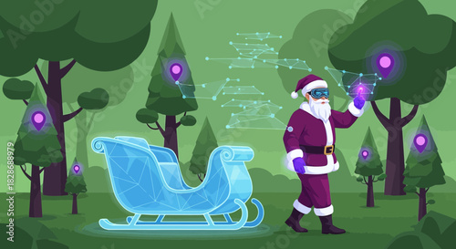 Santa Claus navigating a digital forest with advanced technology and futuristic sleigh design