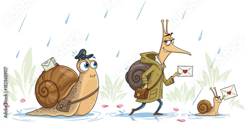 cute snail mail carriers walking in rain, cartoon postal snails delivering letters, funny nature character illustration scene