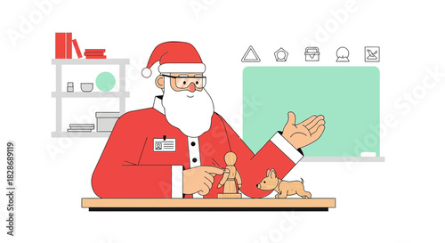 Santa Claus teaching art class with wooden figure and dog, festive learning environment