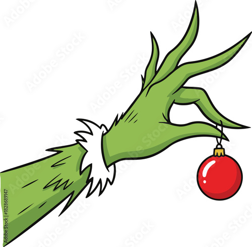 A flat vector cartoon illustration of a green furry monster hand delicately holding a red Christmas bauble ornament,