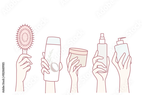 Hands holding bottles of cosmetic products. People recommend diverse beauty routine. Spa and cosmetology concept. Flat vector illustration.