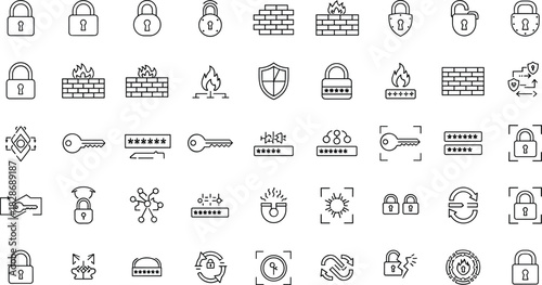 Cybersecurity icons set, firewall and lock symbols, data protection line art, secure access illustrations, digital privacy and safety graphics