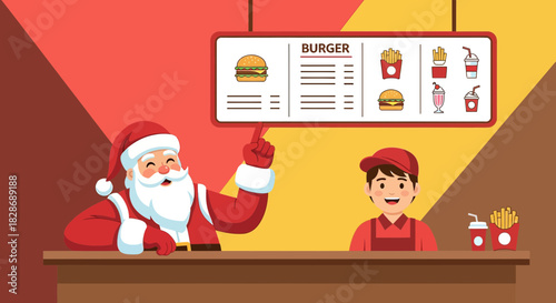 Santa Claus visits a fast food restaurant for a holiday meal experience vector