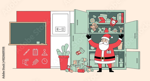Santa discovers a treasure trove of playful delights inside an overflowing storage cabinet