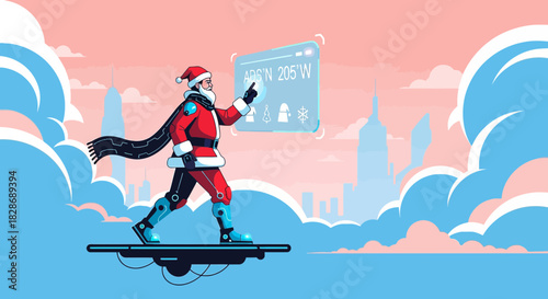 Santa futuristic delivery navigating above metropolis landscape on hoverboard technology
