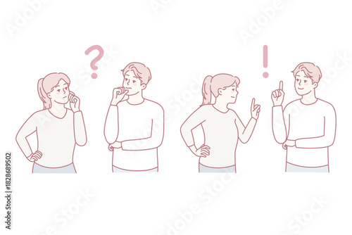 Couple feeling confused thinking of problem solution. Pensive man and woman consider solving issue and finding answer. Teamwork concept. Vector illustration.