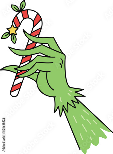 A flat vector cartoon illustration of a green furry monster hand holding a red and white striped Christmas candy cane decorated with a star,