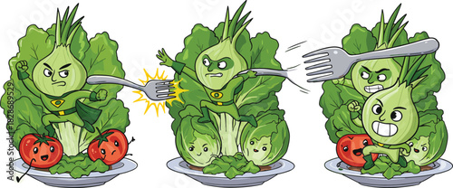 Funny vegetable superhero characters fighting forks in playful cartoon food illustration with lettuce, onion hero, tomatoes, and greens