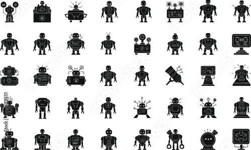 robot silhouettes, futuristic android icons, technology automation set, artificial intelligence characters, mechanical robotics design, sci fi machine illustration