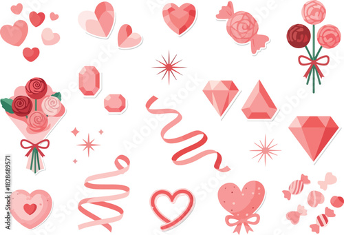 Valentine's Day Icons Hearts, Candies, Ribbons and Diamonds Celebration Set