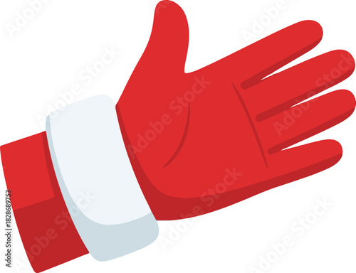 A cartoon-style vector illustration of a hand wearing a red Santa Claus glove with a white fur cuff, posed in a friendly wave or open palm gesture.