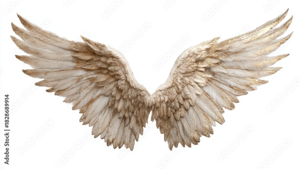Obraz premium A pair of stunning angel wings featuring soft white feathers accented with gold highlights is displayed against a clean background. The wings capture intricate details that evoke elegance and grace.