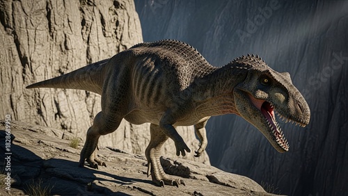 Majungasaurus dinosaur roaring in a prehistoric landscape, side view.