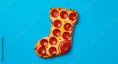 Christmas Stocking Pizza With Pepperoni And Cheese On Blue Background.