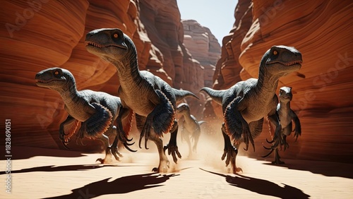 Pack of Velociraptors Roaming Through a Desert Canyon.