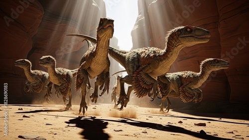 Pack of Velociraptors Running in a Canyon with Light Rays.