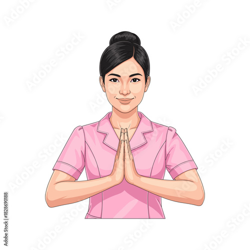 Smiling Asian Woman in Pink Uniform Giving Wai Greeting