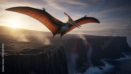 Pterodactyl Soaring Above Cliffs at Sunset - Prehistoric Majesty.