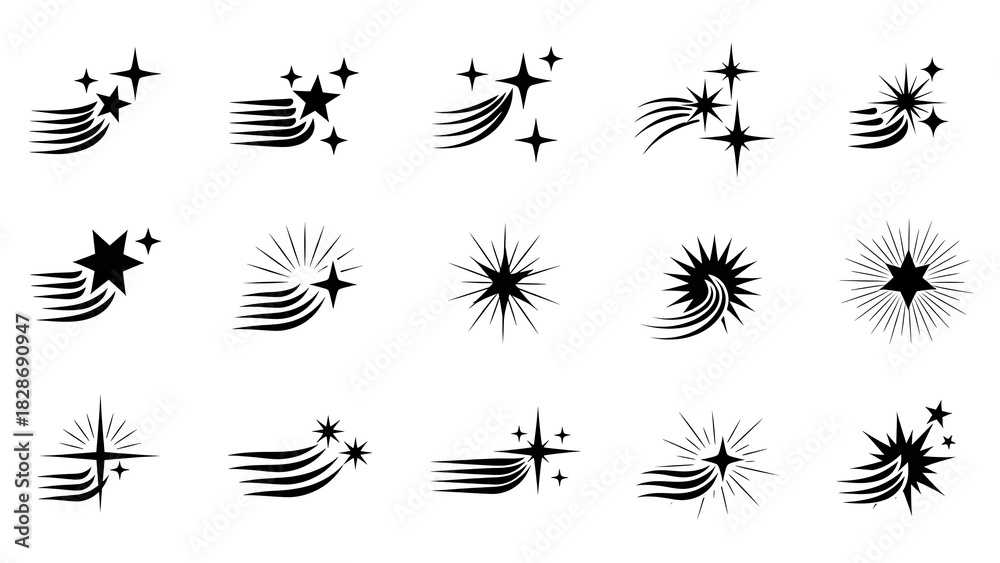 Obraz premium Vector collection of glistening star icons, sparkling starbursts, and comet trail designs, depicting shine, magic, and bright effects.