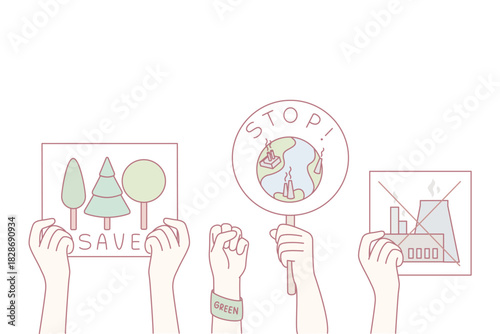 three hands holding environmental protest signs, pastel illustration of earth, trees, stop sign, declining