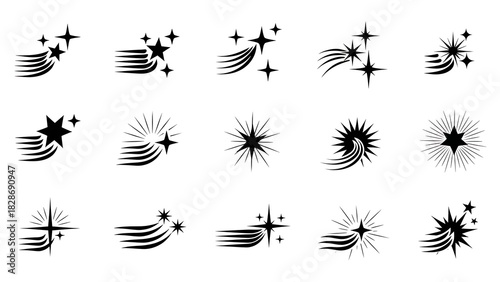 Vector collection of glistening star icons, sparkling starbursts, and comet trail designs, depicting shine, magic, and bright effects.